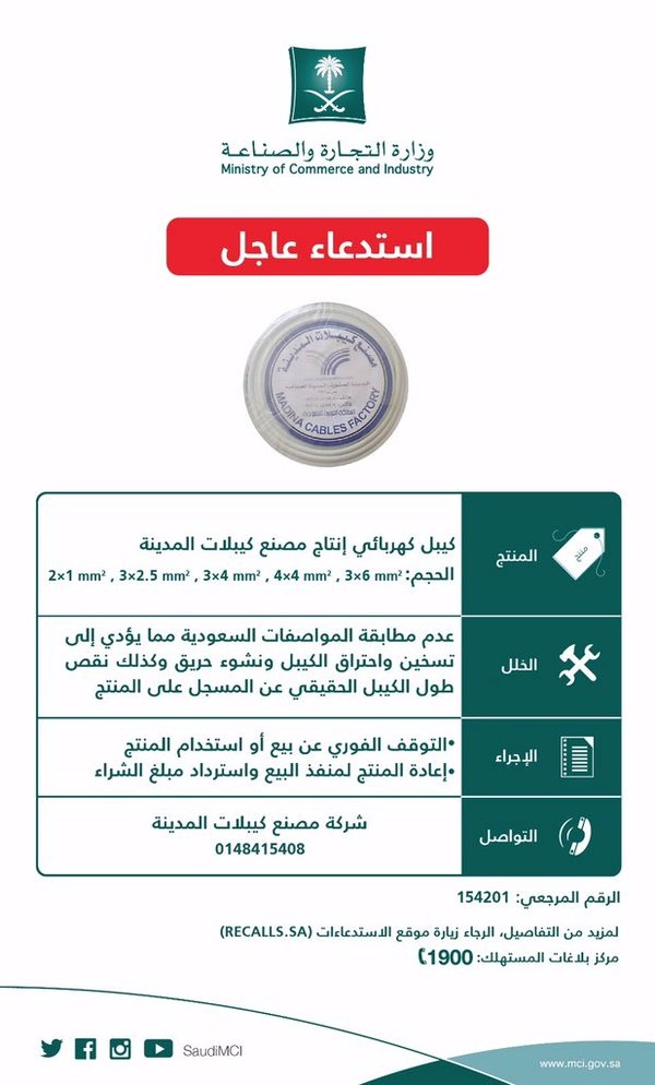 "التجارة" تسحب كيابل مصنع "كيبلات المدينة" وتدعو للتوقف عن بيعه استخدامه