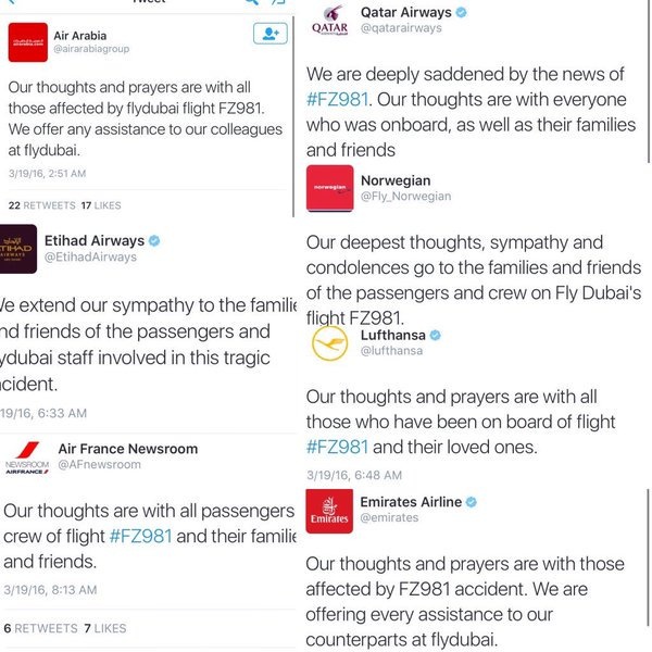 شركات طيران عالمية وعربية تتضامن مع ضحايا حادثة "فلاي دبي"