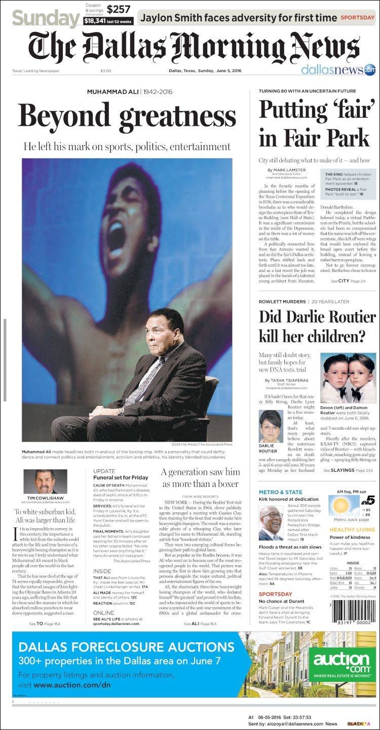 كبريات الصحف العالمية تفرد صفحات كاملة لخبر وفاة محمد علي كلاي