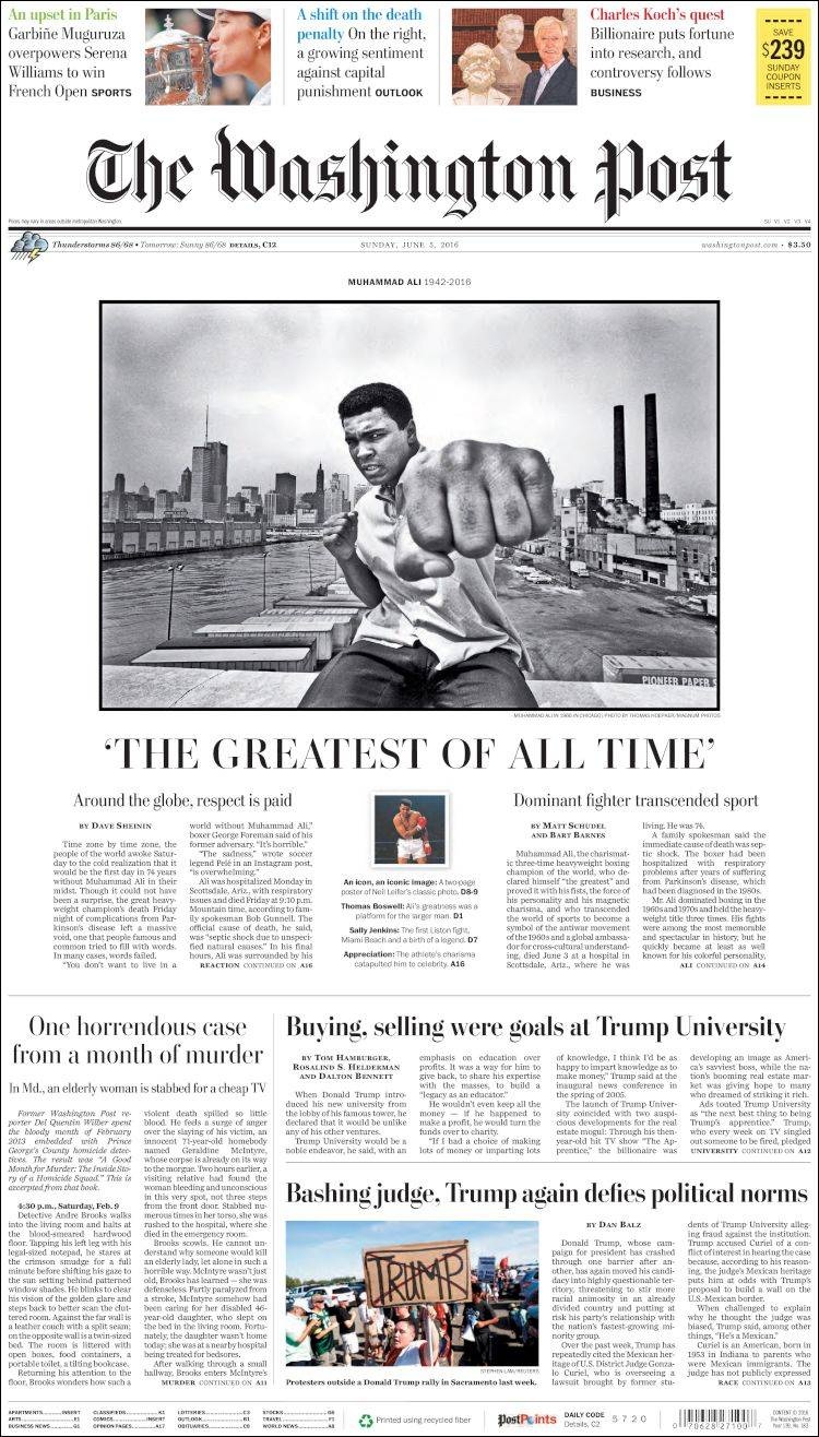 كبريات الصحف العالمية تفرد صفحات كاملة لخبر وفاة محمد علي كلاي