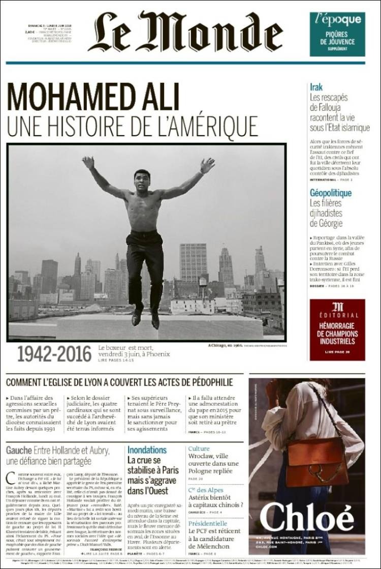 كبريات الصحف العالمية تفرد صفحات كاملة لخبر وفاة محمد علي كلاي