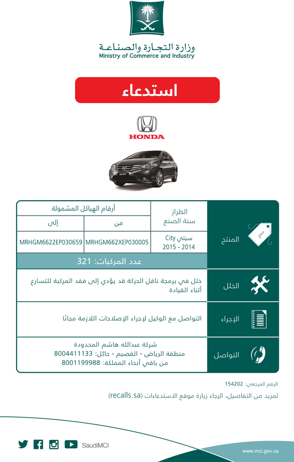 "التجارة" تستدعي 312 سيارة "هوندا سيتي" لوجود خلل فني