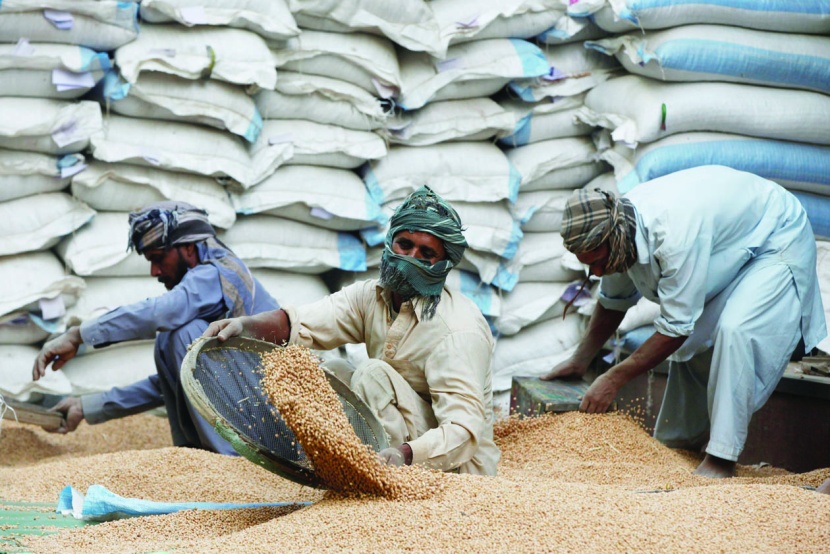 عمال داخل مستودع للحبوب في كراتشي