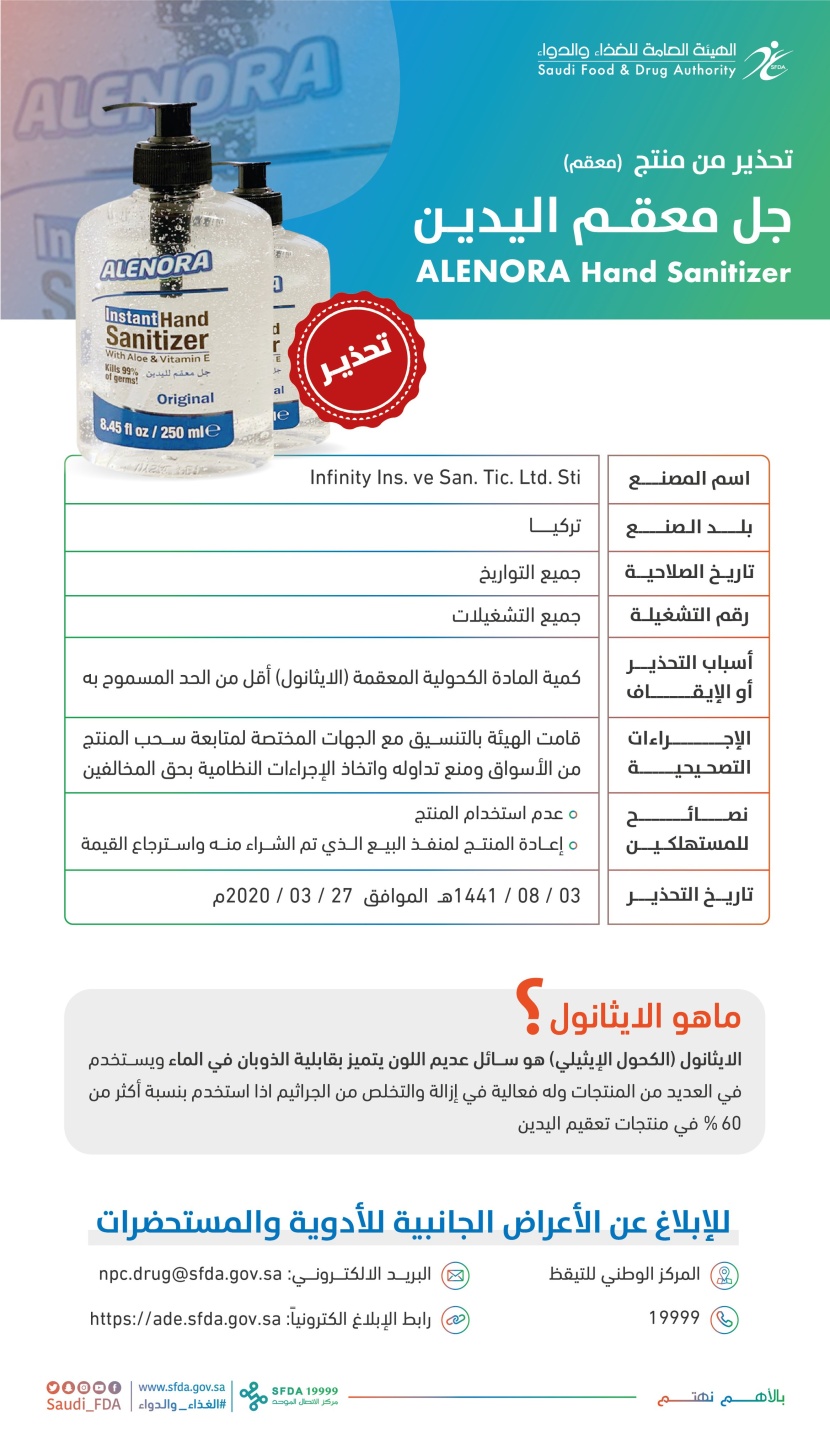 "الغذاء والدواء" تحذر من 3 معقمات لليدين
