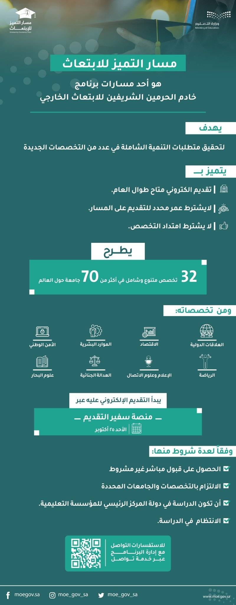 «التعليم» تطلق مسار التميز للابتعاث بـ 32 تخصصا في 70 جامعة