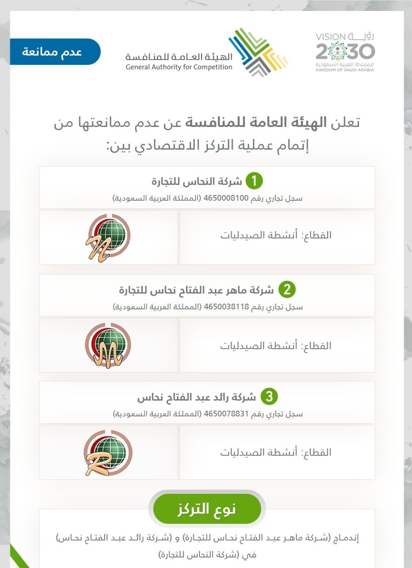 هيئة المنافسة توافق على اندماج شركات النحاس لأنشطة الصيدليات