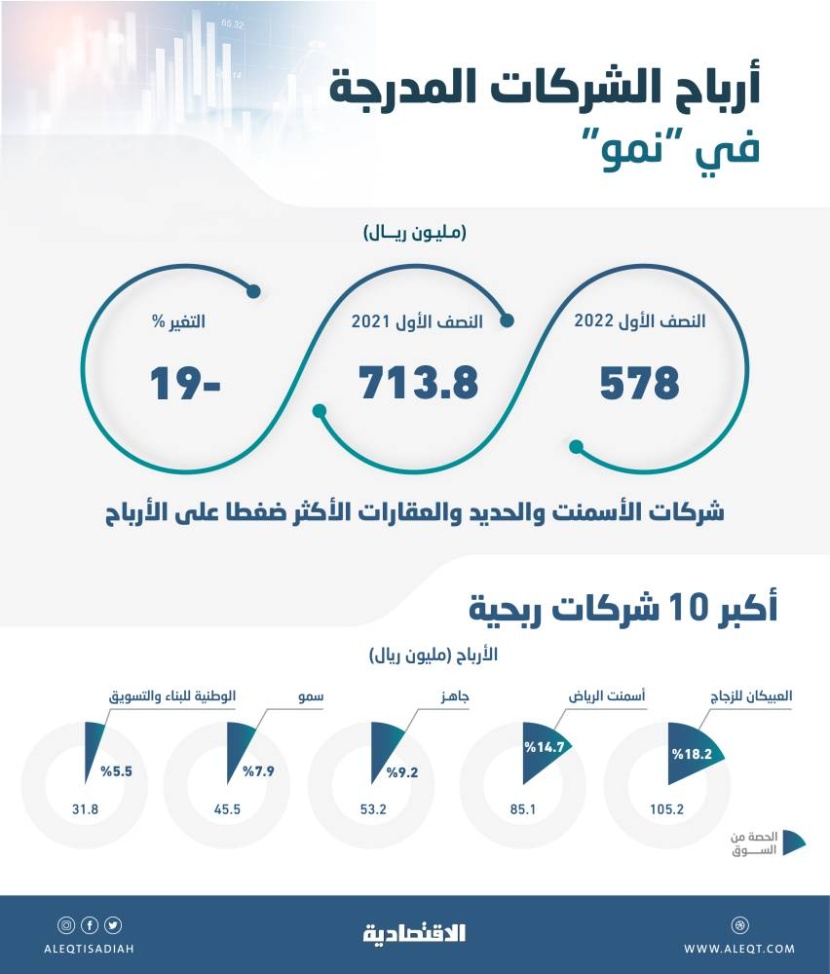 شركات أسمنت وعقارات تتراجع بأرباح "نمو" 19 % .. 5 شركات تستحوذ على 55 % من ربحية السوق