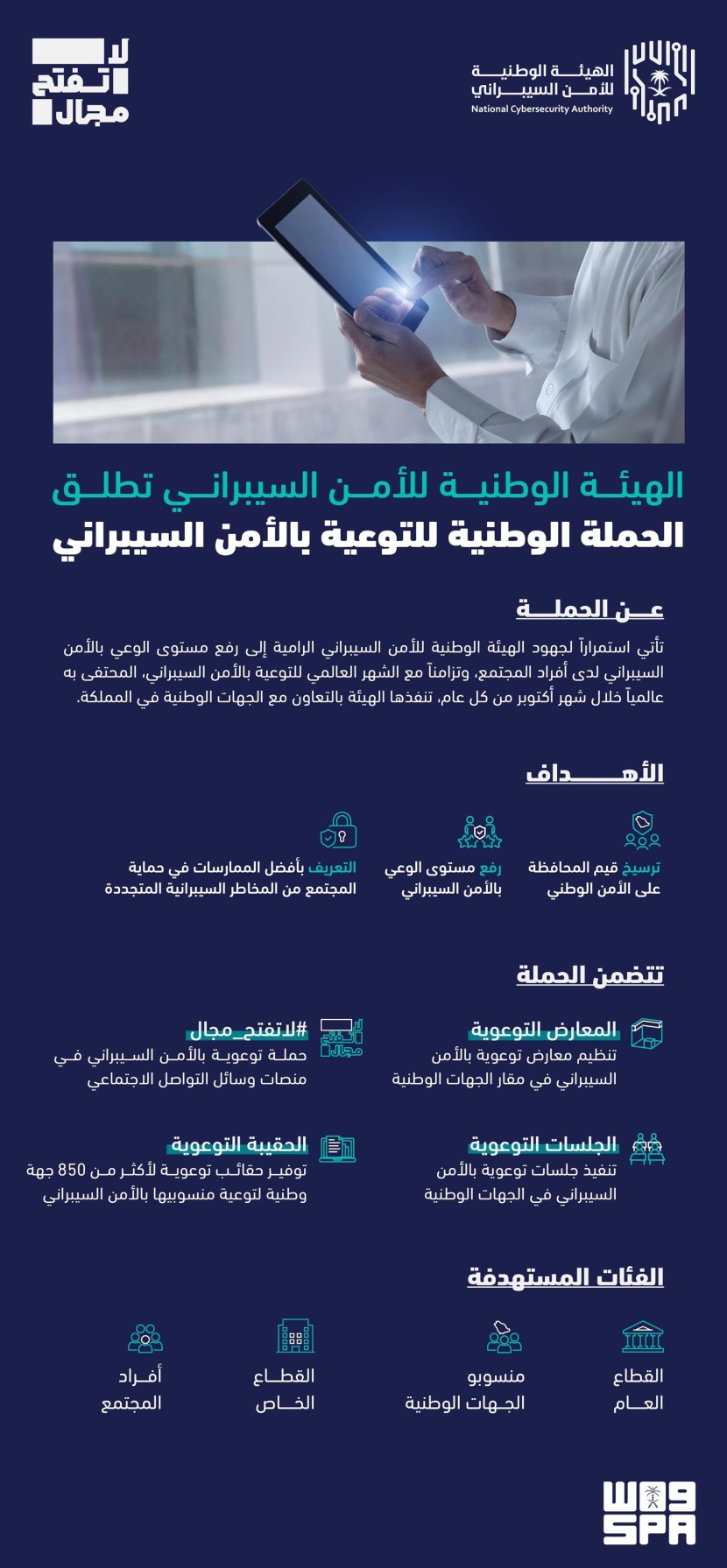 تزامنا مع الشهر العالمي.. الهيئة الوطنية للأمن السيبراني تطلق "الحملة الوطنية للتوعية بالأمن السيبراني"
